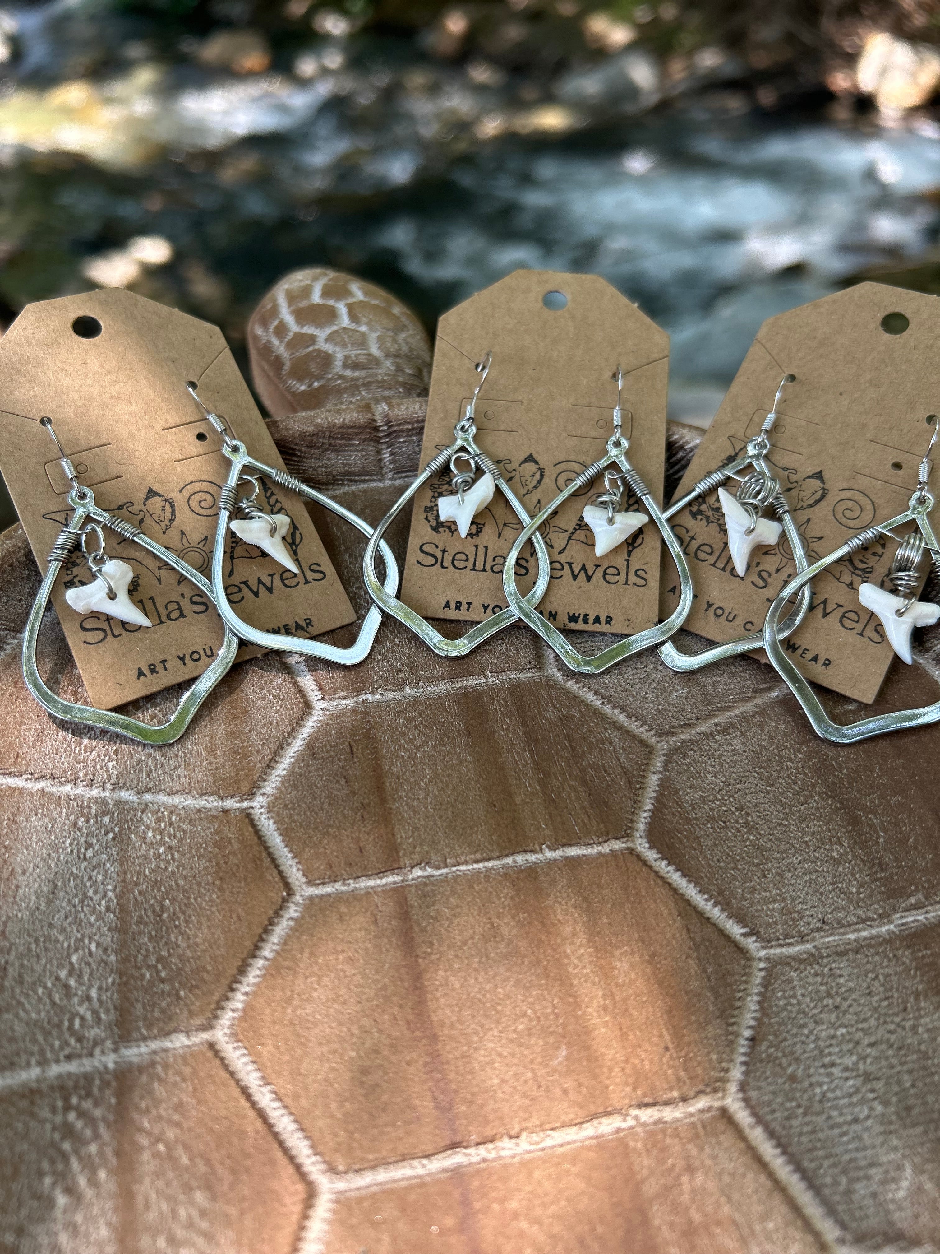 Silver shark tooth drop earrings