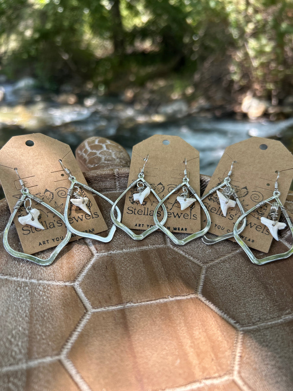 Silver shark tooth drop earrings