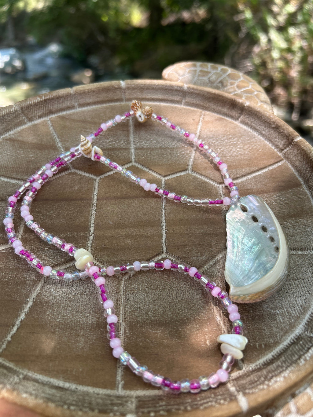 Pink beaded abalone shell necklace